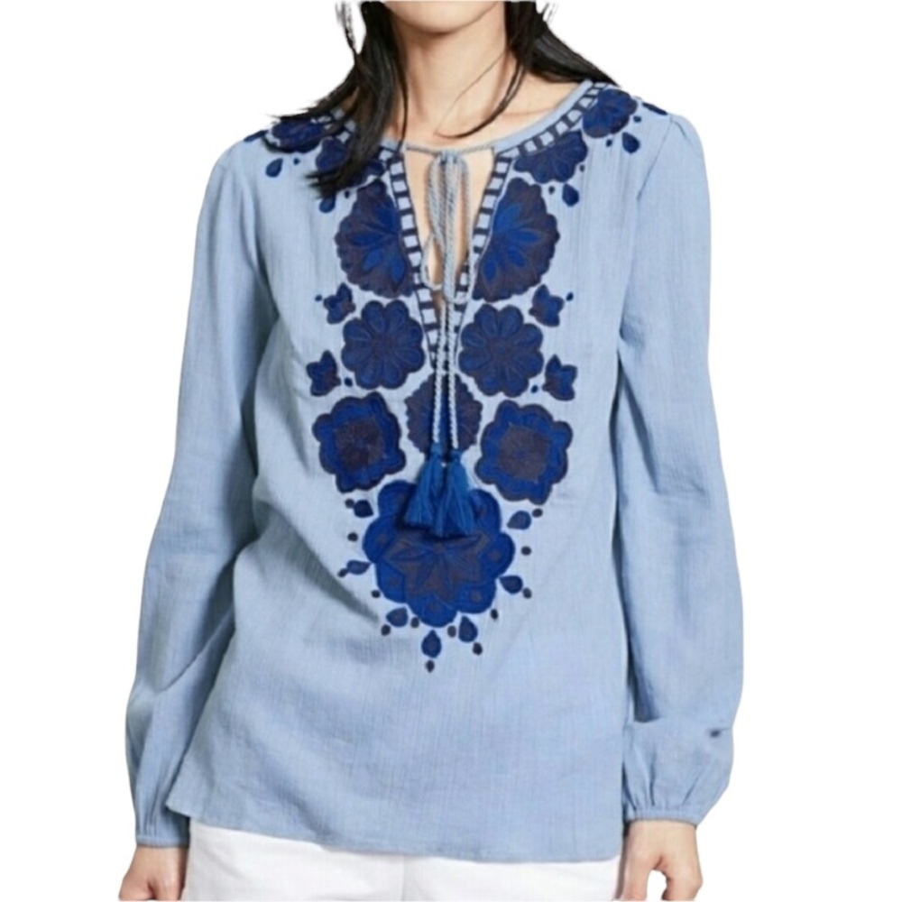 Boden Allegra Embroidered Light & Dark Blue Crinkle Tunic Top w/ Tassels - 6